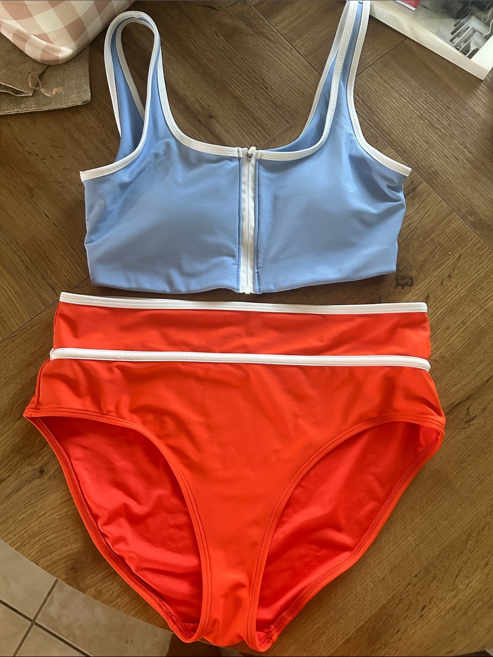 Old Navy Light Blue Zip Front Bikini Top & Red High Waist Bottoms